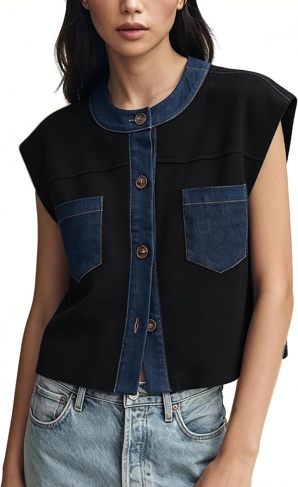 Womens Denim Trim Sweater Vest Patchwork Sleeveless Crop Tank Top Knit Loose Cardigan Outfit | Amazon (US)