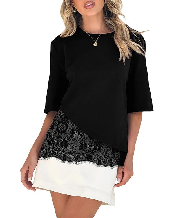 Womens Lace Patchwork T Shirt Short Sleeve Crew Neck Asymmetric Hem Relaxed Fit Blouses Casual La... | Amazon (US)