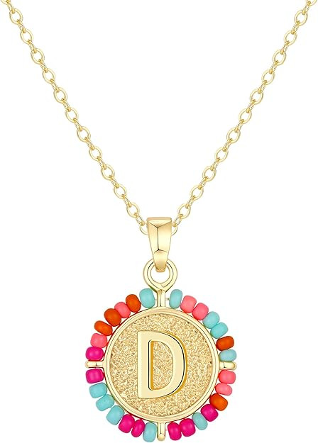 Initial Necklace for Women,Colorful Beaded 14K Gold Round Letter Pendant Cute Initial Necklaces f... | Amazon (US)
