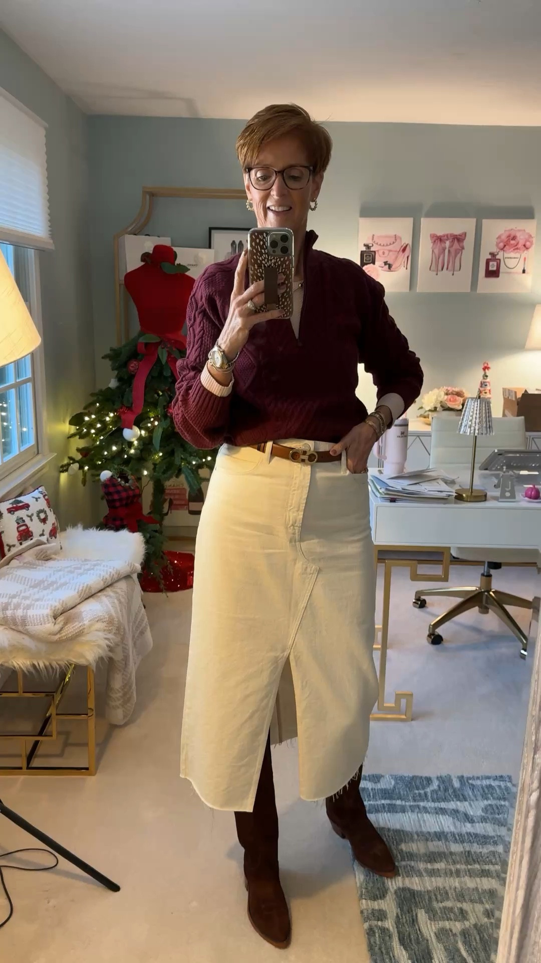 OOTD
Wearing a beautiful berry burgundy cable knit sweater from Aritzia paired with a cream drum skirt from Frame and Lucchese boots

Sweater medium
Skirt 29
Boots 9

Hi! For reference, I am 55 years old, I am 6’1”. I have a 35” inseam. I wear a small or medium in most tops, an 8 or a 10 in most bottoms, an 8 in most dresses, and a size 9 shoe. 

Over 50 fashion, tall fashion, workwear, everyday outfits, timeless outfits, Classic Outfits

Holiday party outfit, holiday dress, winter outfit, travel outfit, gift guide, gift guide for her, gift guide for him, stocking stuffers, Christmas decor, Christmas tree

Old Money Winter Outfit | Classy Winter Outfit | Winter Neutrals | Winter Chic | Chic Winter Outfits | Winter Outfits Petite | Winter Outfits | Winter Fashion | Winter Style | Winter OOTD | Winter Looks | Winter Outfit Ideas | Winter Outfit Inspo | Winter Casual Outfits | Winter Going Out Outfits | Winter Travel Outfit | Winter Vacation Outfits | Winter Transition Outfits | Winter Outfits Women | Winter Business Casual | Winter Work Outfits | Winter Capsule Wardrobe | Winter Capsule | Amazon Winter Outfits | Amazon Winter Fashion | 


#LTKWorkwear #LTKStyleTip #LTKOver40