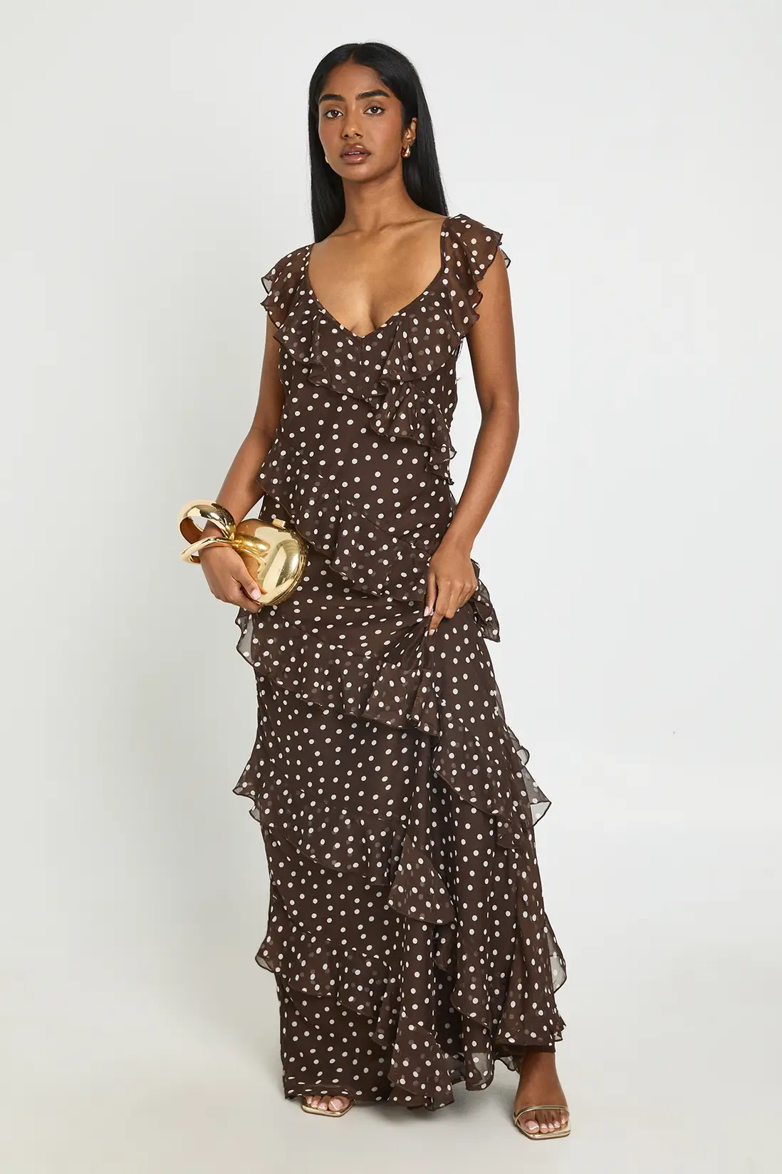 Chocolate Tonal Polka Dot Chiffon Ruffle Maxi Dress | Boohoo | Boohoo.com (UK & IE)