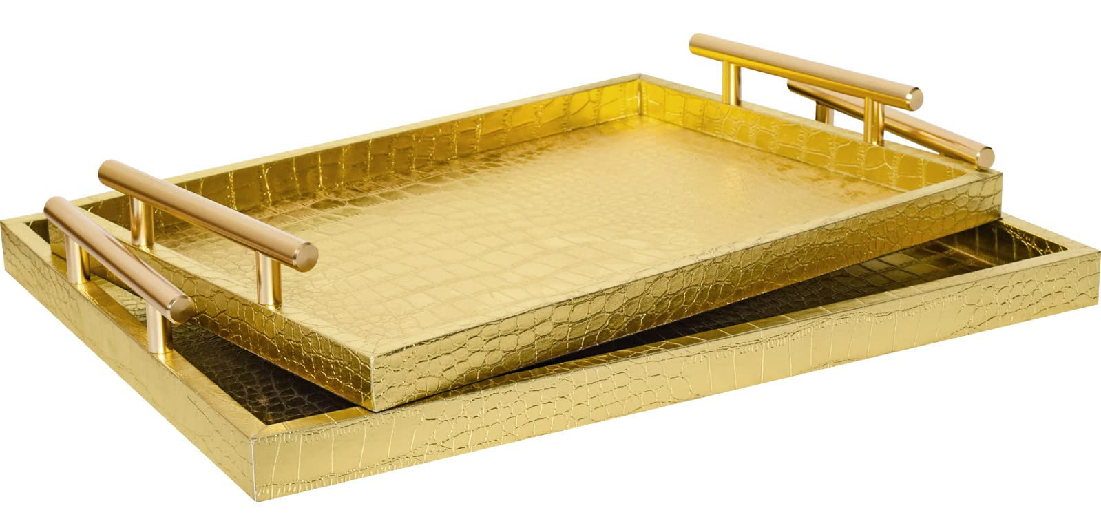 Modern Elegant Large Wood Serving Tray, Set of 2 Gold Crocodile Leather with Gold Polished Metal ... | Amazon (US)