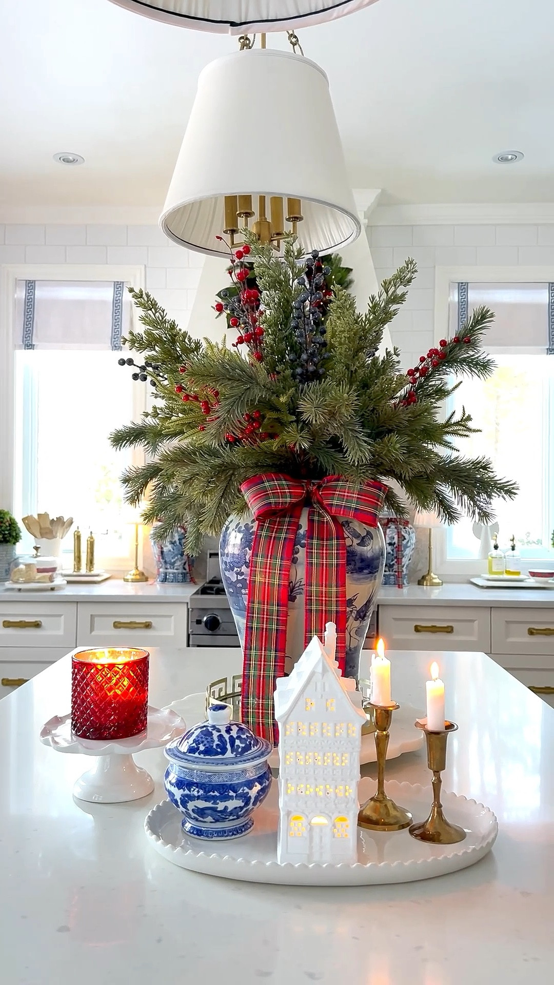 Lush greenery, berry picks, plaid ribbon and chinoiserie is classic and chic! Kitchen decor, Christmas decor, kitchen Christmas finds, chic Christmas finds

#LTKHome #LTKHoliday #LTKSeasonal
