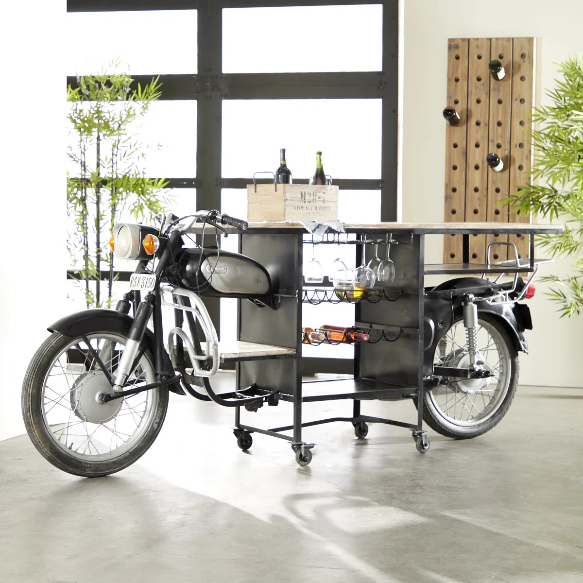 Chenita Metal Handmade One-of-a-Kind Reclaimed Black Motorcycle Bar with Light Up Headlights and ... | Wayfair North America