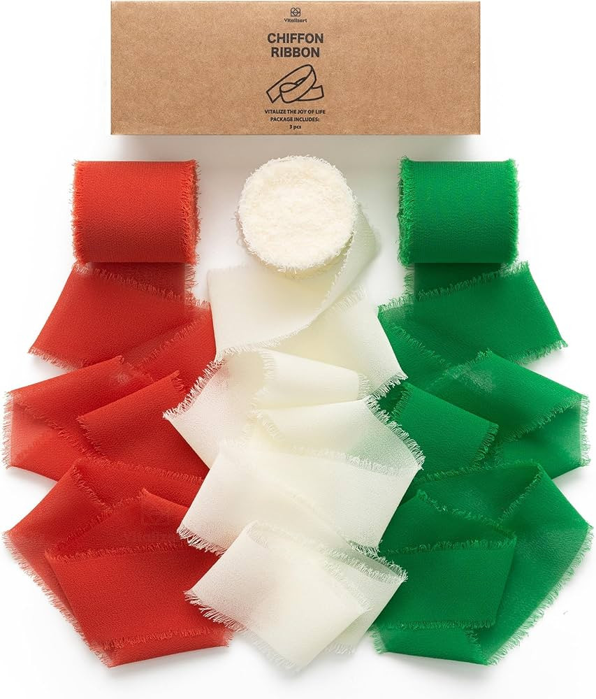 Vitalizart Christmas Handmade Chiffon Silk Ribbon Fringe 1.5" x 21 Yd Frayed Edges Ribbons for We... | Amazon (US)