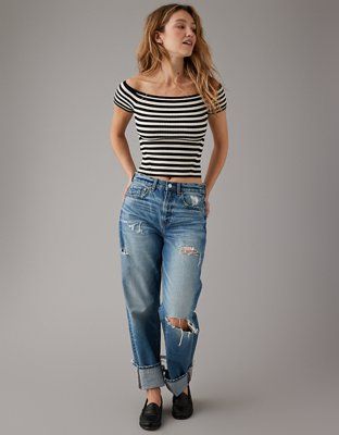 AE Cropped Ribbed Off-The-Shoulder Top | American Eagle Outfitters (US & CA)