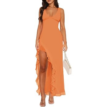 MIYIEONZ Summer Wedding Guest Dresses for Women Formal Maxi Dress | Mesh,v neck,high slit,Sleevel... | Amazon (US)