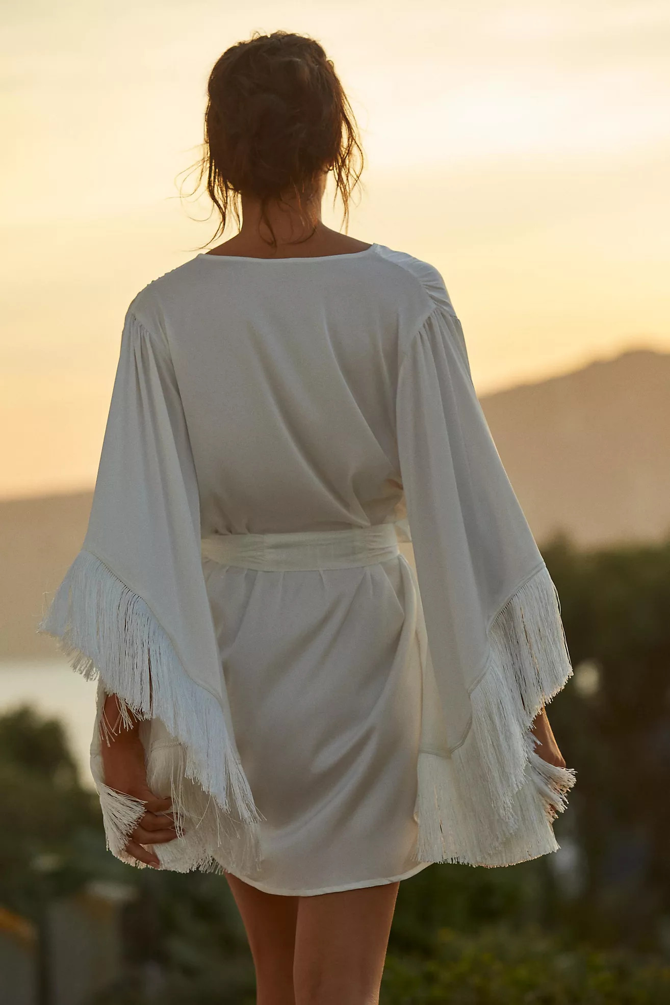 Homebodii Priscilla Fringe Luxury Satin Robe | Anthropologie (US)
