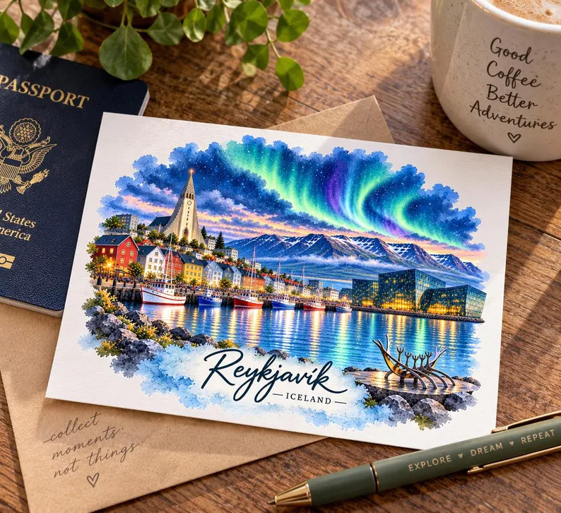 Reykjavik Iceland PNG, Northern Lights Watercolor, Iceland Travel Souvenir, Reykjavik Skyline, Au... | Etsy (Global)