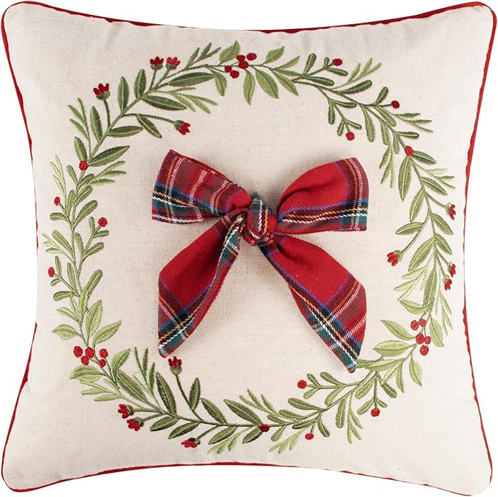 Levtex Home - Merry Tartan - Decorative Pillow (18x18in.) - Holiday 3D Bow Wreath - Taupe, Green,... | Amazon (US)