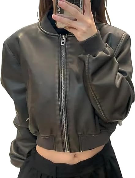 Mundoven Women's Faux Leather Jacket Casual Zip Up Cropped Bomber Motorcycle Jackets with Pockets | Amazon (US)