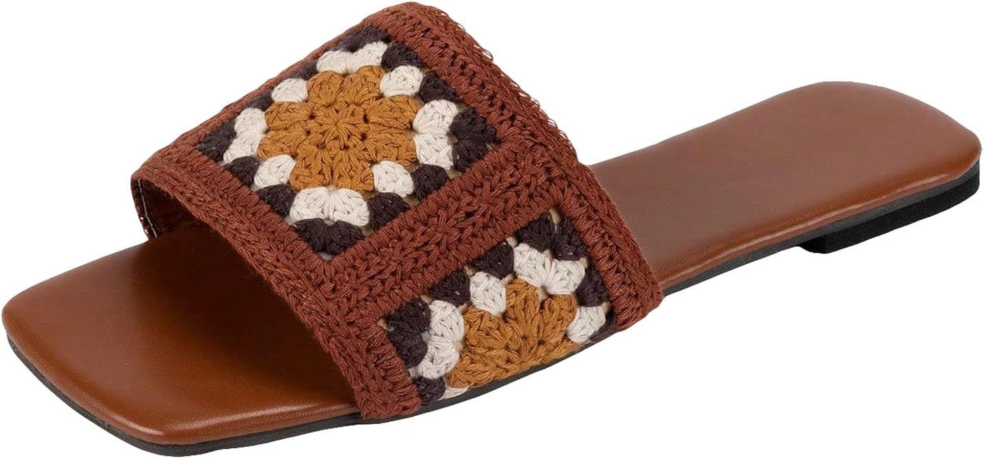 OYOANGLE Women's Colorblock Crocheted Square Open Toe Flat Sandals Lightweight Slip on Slides Bea... | Amazon (US)