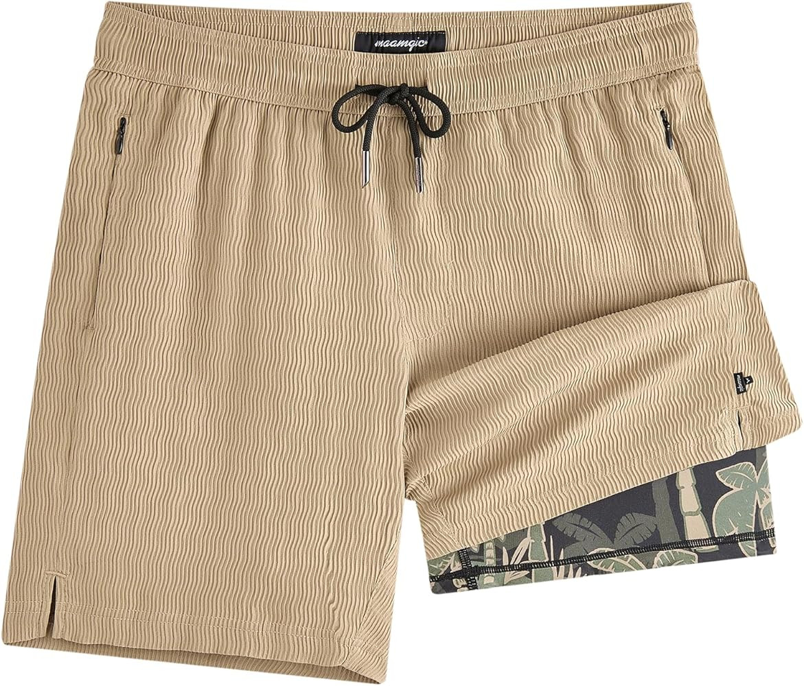 maamgic 7 Inch Wavy Texture Mens Swim Trunks - Mens Bathing Suit with Compression Liner Quick Dry... | Amazon (US)