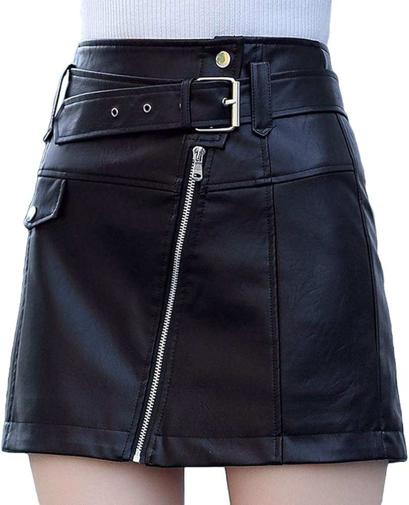 Itemnew ebossy Women's Cool Oblique Zip High-Waist Faux Leather Mini Skirt with Belt | Amazon (US)