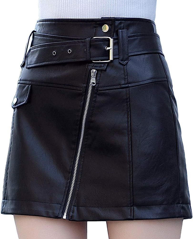 Itemnew ebossy Women's Cool Oblique Zip High-Waist Faux Leather Mini Skirt with Belt | Amazon (US)