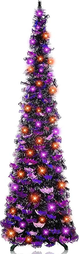 Amazon.com: [Orange & Purple Lights] 5 Ft Lighted Halloween Tree Decor with Timer DIY 50 LED Bats... | Amazon (US)