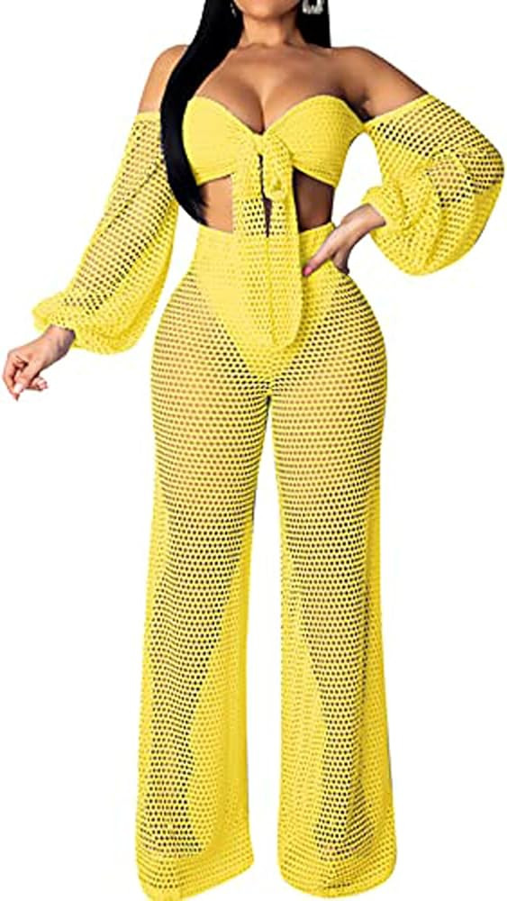 Sexy Cover Ups for Swimwear Vacation Off The Shoulder Top Long Pants Bikini Cover Ups Swimwear Be... | Amazon (US)