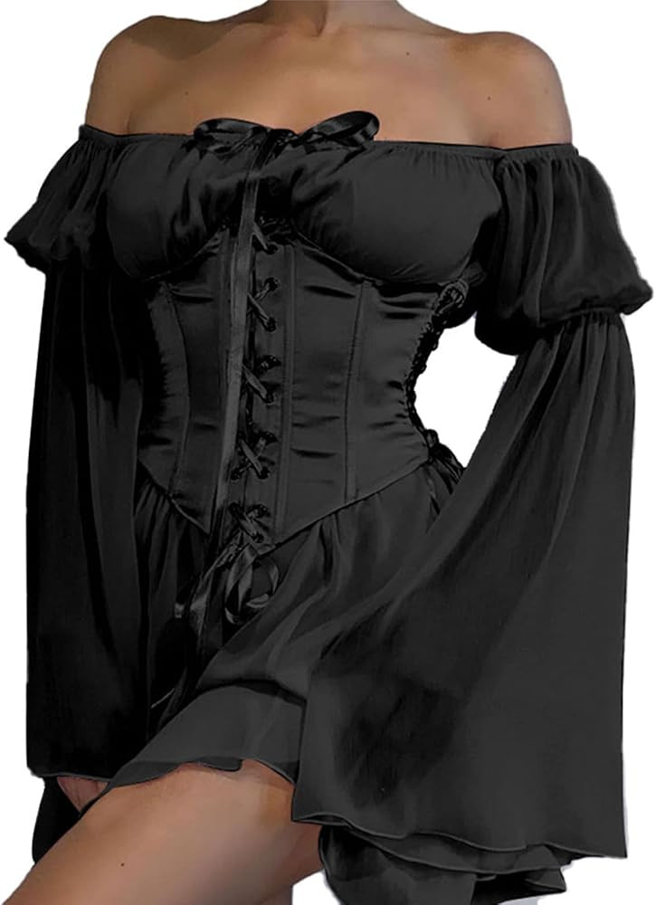 ETATNG Womens Two Piece Corset Dress Off Shoulder Bell Sleeve Summer Party Lace-Up Bustier Dress | Amazon (US)