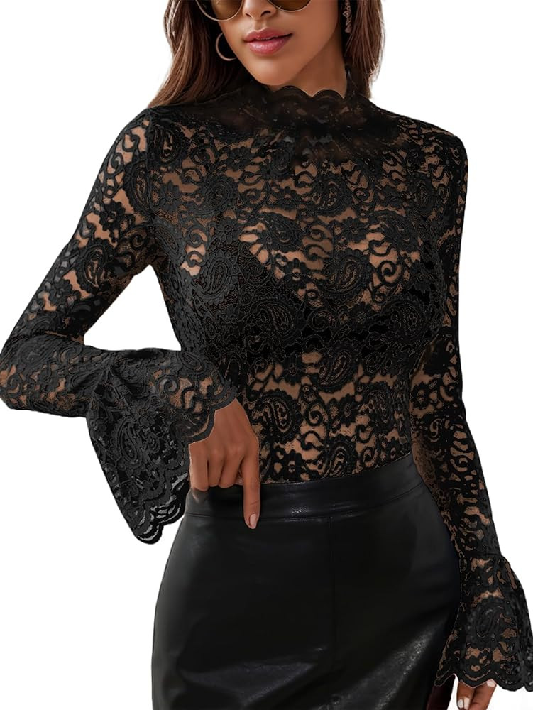 Women's Long Sleeve Lace Mesh Tops High Neck Sheer Blouse Sexy Floral Going Out Top | Amazon (US)