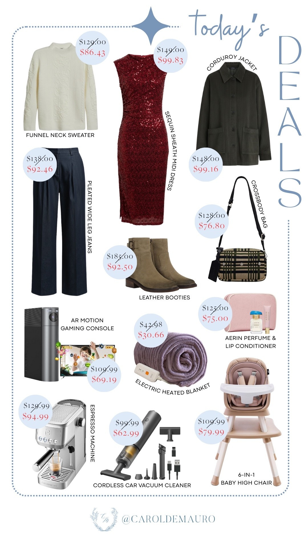 Today’s finds include a cozy funnel neck sweater, a sequin sheath midi dress, a corduroy jacket, pleated wide leg jeans, leather booties, a crossbody bag, an AR motion gaming console, an electric heated blanket, an AERIN perfume and lip conditioner set, an espresso machine, a cordless car vacuum cleaner, and a 6-in-1 baby high chair. A mix of cozy staples, tech finds, and giftable favorites for everyone on your list.

fashion finds, on sale now, home favorites, gift ideas, everyday essentials, outfit ideas, baby must haves, amazon, nordstrom

#LTKHome #LTKSaleAlert
