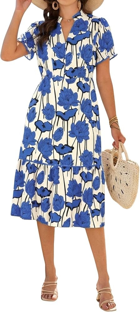 Theenkoln Womens Casual Midi Dress: Short Sleeve V-Neck Empire Waist Gingham Spring Fashion Long ... | Amazon (US)