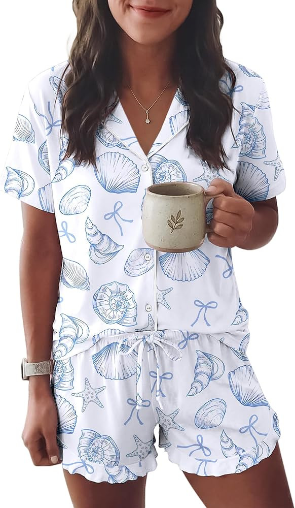Ekouaer Womens Pajama Sets Button Down Short Sleeve Top and Shorts Cute Ruffled Pjs Sets Sleepwea... | Amazon (US)
