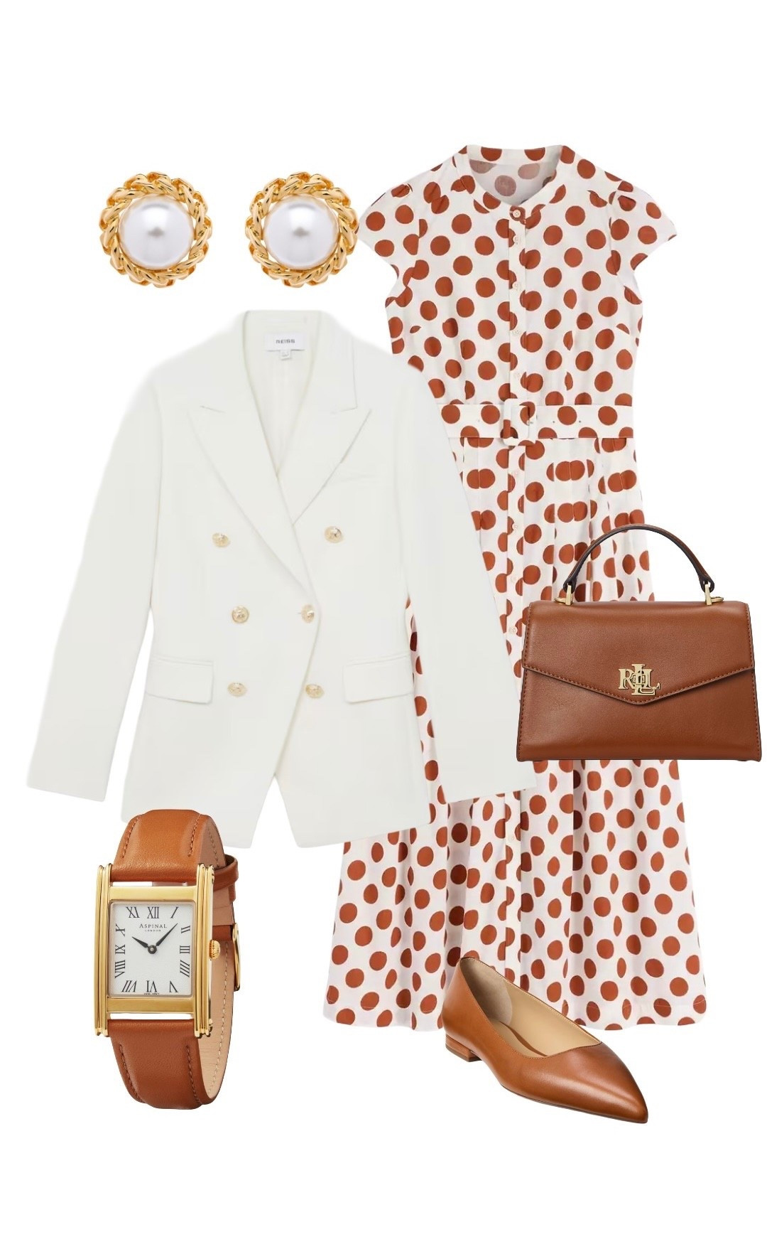White Brown Arabella Polka Dot Midi Dress- Boden at John Lewis 

Gold Pearl Clip On Earrings - Emma Holland at Wolf and Badger

White Gold Button Blazer - Reiss (ON SALE!)

Tan Leather Mayfair Watch - Aspinal of London (gift idea)

Tan Leather Top Handle Bag and Londyn Tan Leather Pointed Flats  - Ralph Lauren


#LTKSeasonal #LTKootd #LTKSpringSale