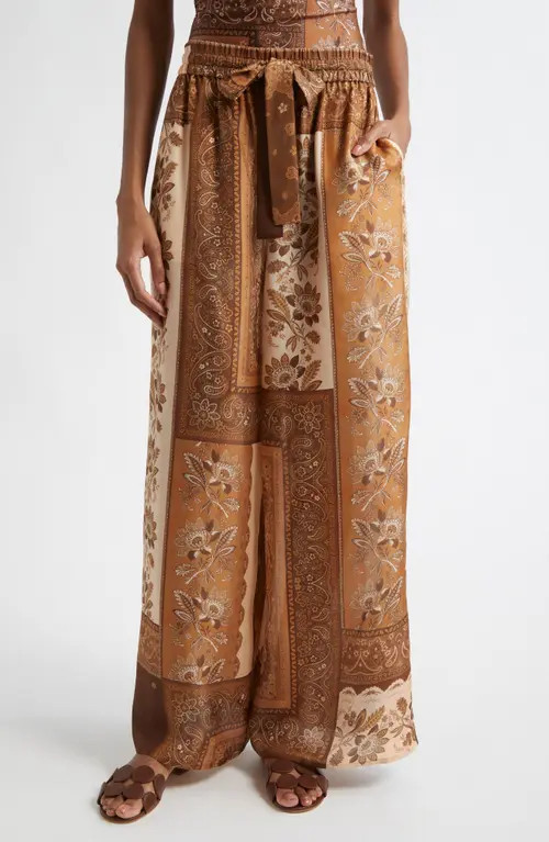 Zimmermann Lucky Relaxed Wide Leg Silk Pants in Chocolate Bandana at Nordstrom, Size 2 | Nordstrom