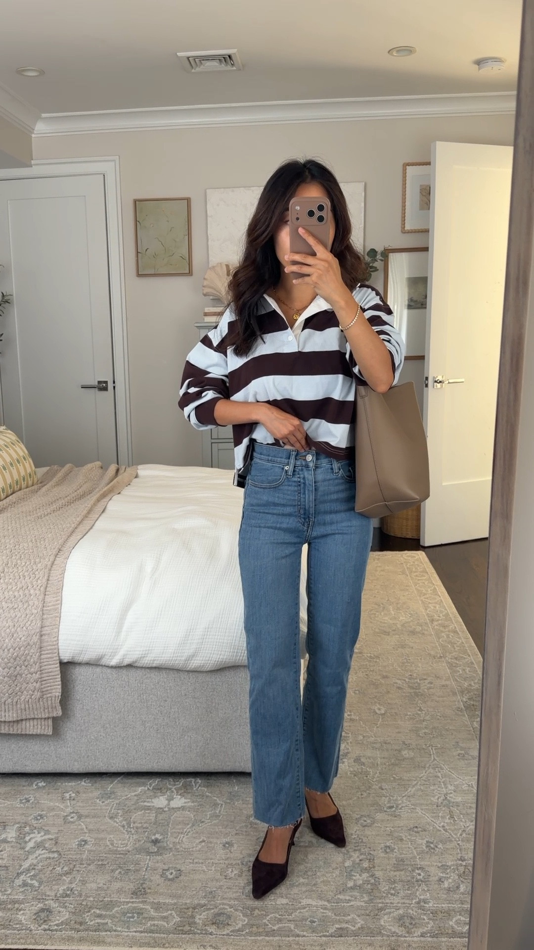40% off frame jeans 24 Petite slim fit on me, linked other frame petite on sale 
• polo shirt XS very oversized wider cropped fit 
• kitten heels 5.5 
• quince bag smaller size 

Easy mom fall outfits , petite jeans , nordstorm sale

#LTKPetite #LTKSeasonal #LTKSaleAlert