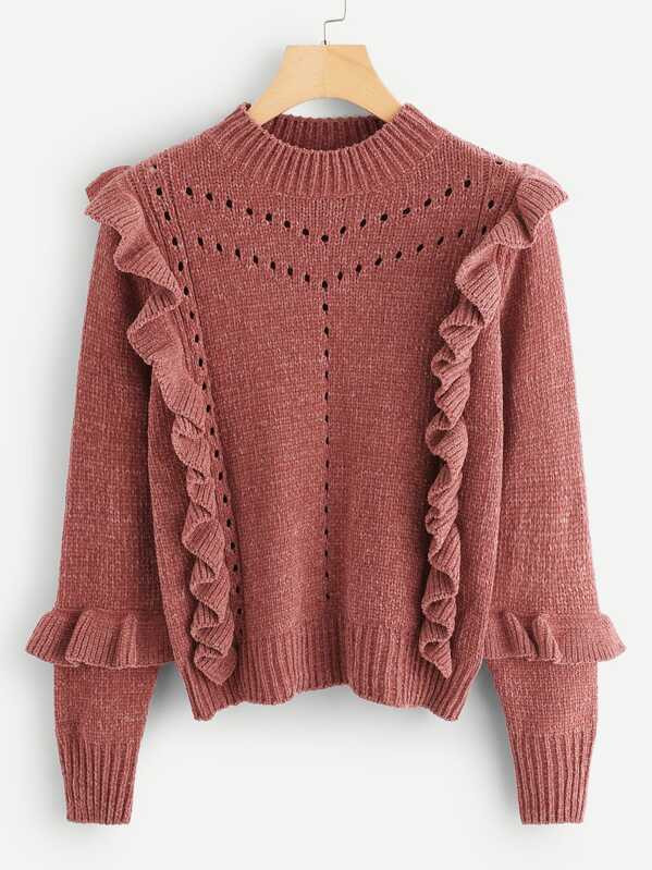 Ruffle Trim Eyelet Chenille Sweater | SHEIN