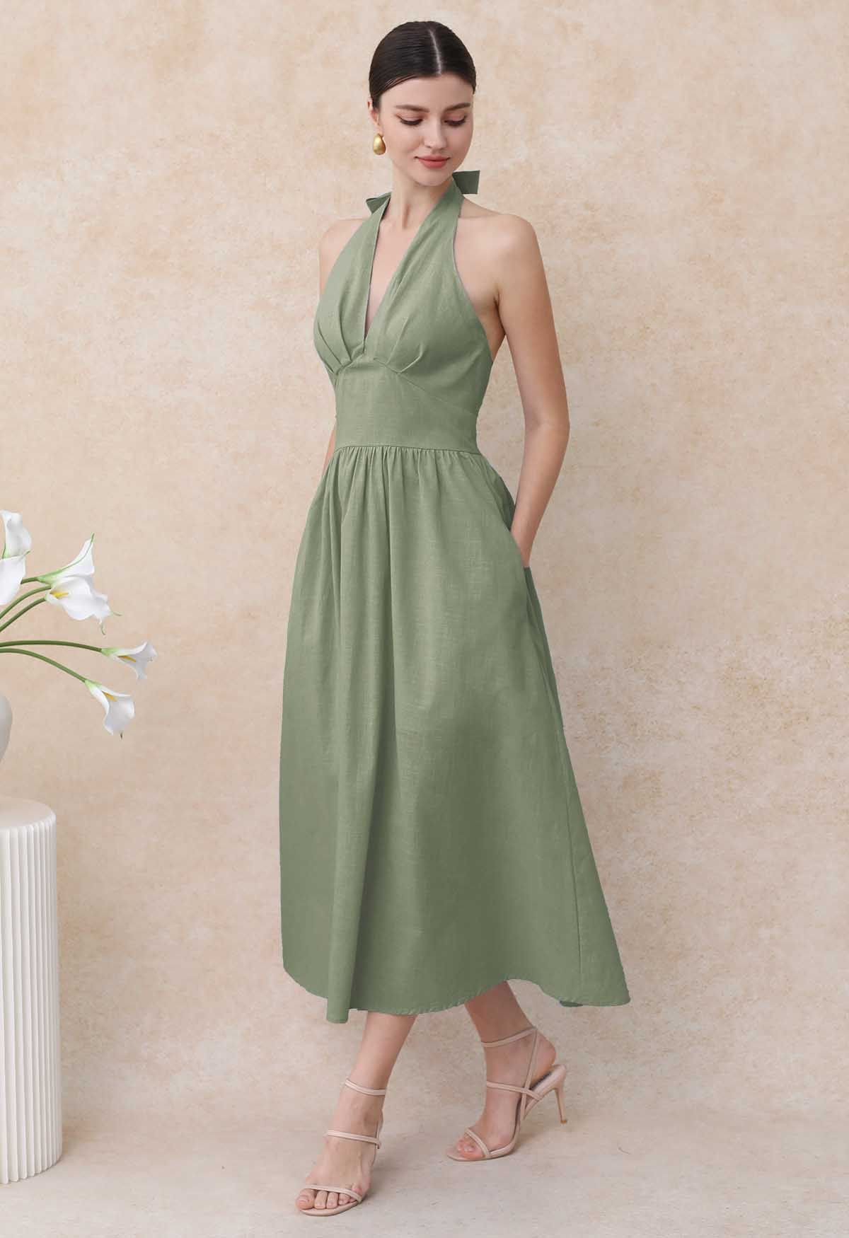 Vintage-Inspired Self-Tie Halter Neck Cotton Dress in Pistachio | Chicwish