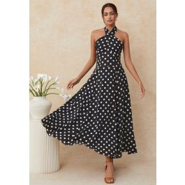 Crisscross Self-Tie Halter Neck Maxi Dress in Dots | Chicwish