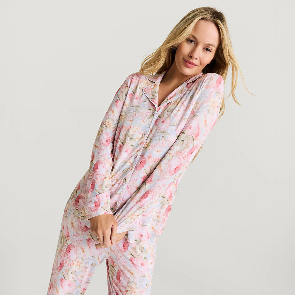Floral Blue Long Sleeve Rose Dreams Women's Luxe Pajama Pant Set | Posh Peanut® | Posh Peanut