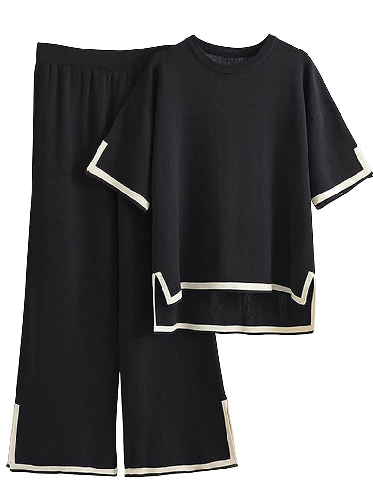 Faleave Womens Knit 2 Piece Sweater Sets Short Sleeve Pullover Tops Elastic Waist Wide Leg Pants ... | Amazon (US)
