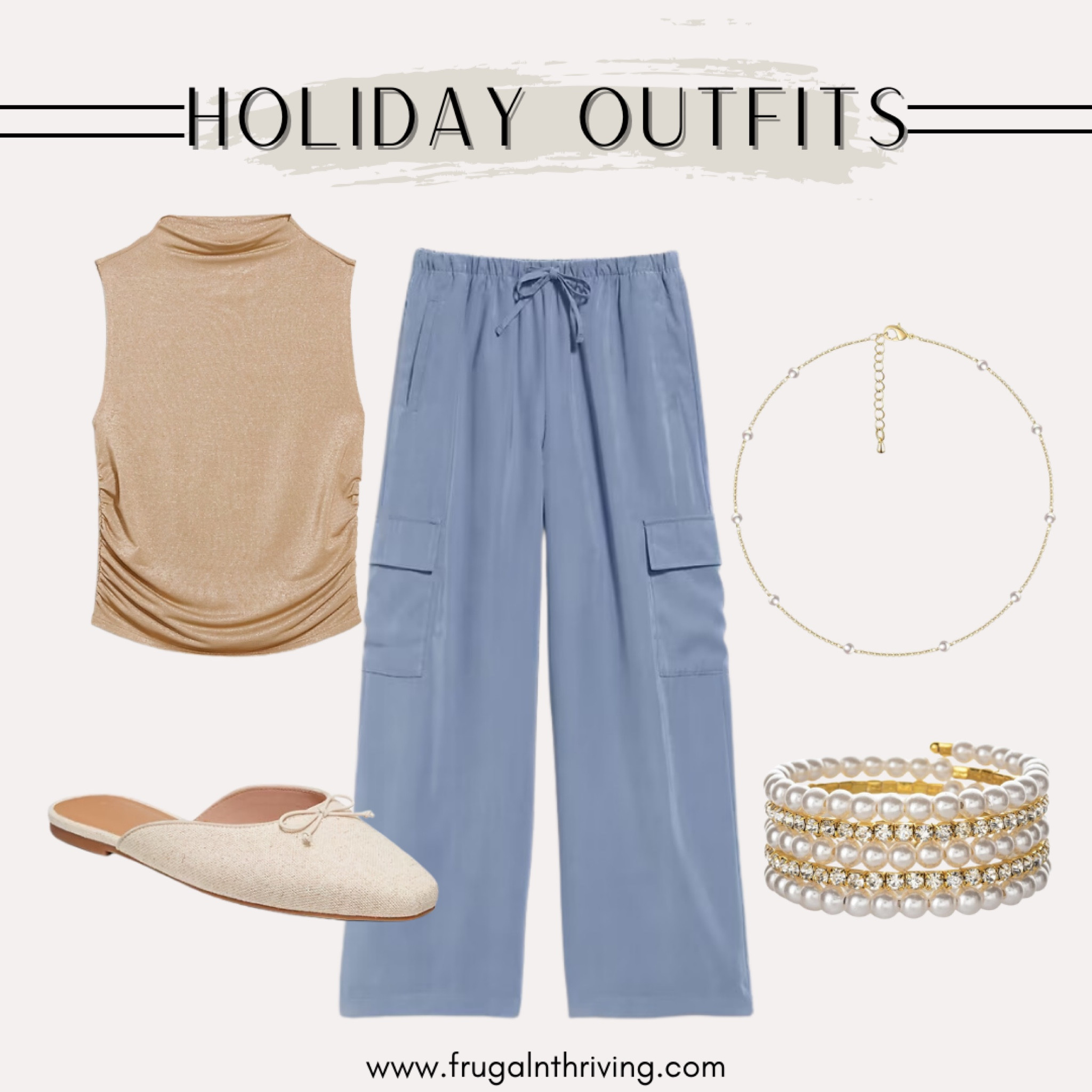 A comfy outfit doesn’t have to sacrifice on style! Pair wide leg cargo pants with a metallic ruched tank, feminine flats, and jewelry accented with classy pearls for a casual chic look.

#LTKHoliday #LTKStyleTip