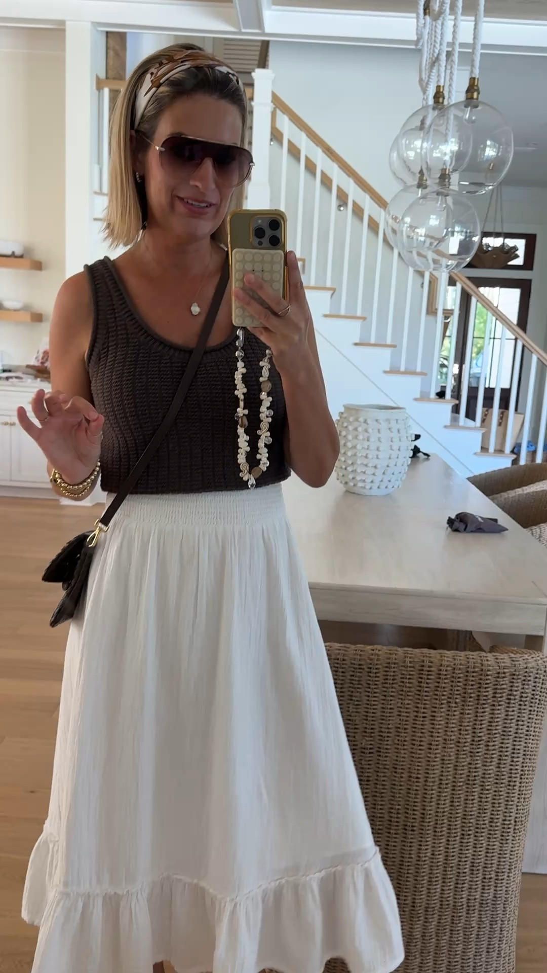 This top is a cooler brown in person. Wearing small in the top and skirt. Sandals true to size.

#LTKootd #LTKOver40 #LTKTall