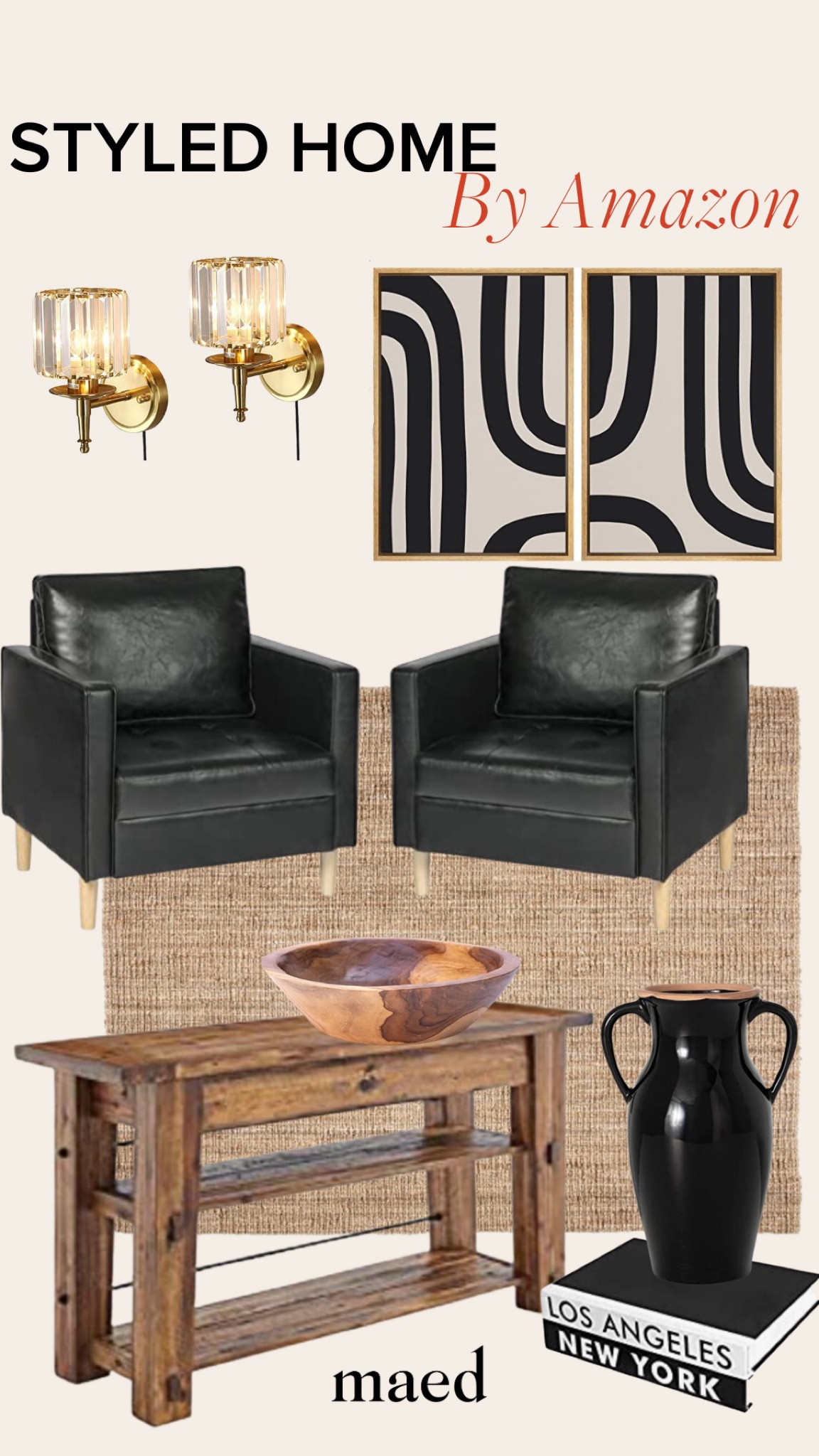 Amazon styled home, leather black chairs, wooven rug, entryway table, console table, black vase, decorative books, gold lighting, black and white art 

#LTKFind #LTKhome #LTKSeasonal