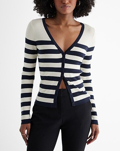 Silky Soft Fitted Striped V-Neck Cardigan | Express