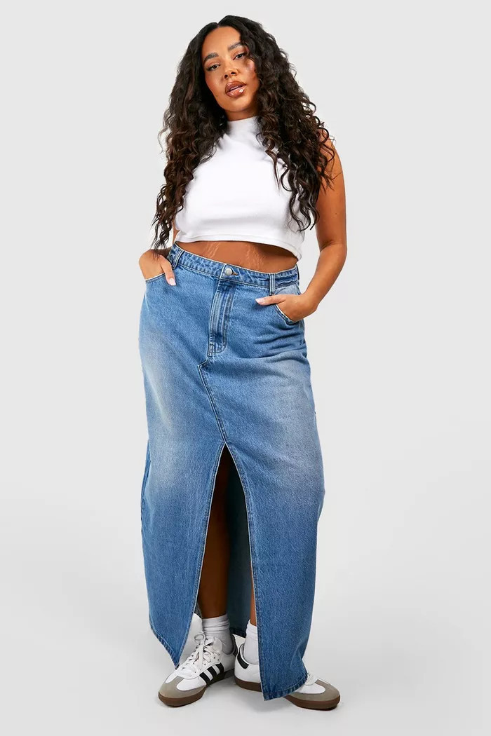 Plus Split Front Denim Maxi Skirt | Boohoo.com (UK & IE)