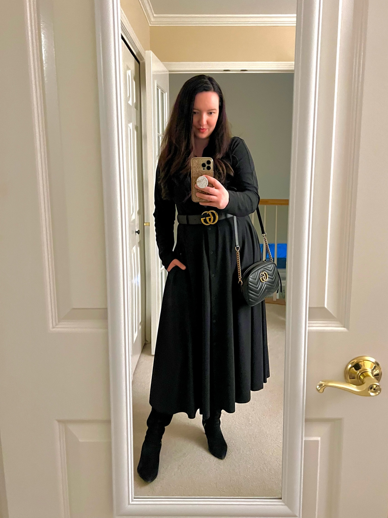 New favorite dress for work - I love a good midi dress, especially when you can twirl in it, you can belt it, it has pockets, and it’s stretchy, performance fabric!  Fun fact: some random Gen Z girls called me “a baddie” and told me I looked pretty in this outfit today! 🙌🏻 

#workwearstyle #workwear #workwearfashion #baddie #guccibag #guccigang #guccibelt #guccimarmont #allblackoutfit #monochromatic #athleta #monochrome #baddiestyle #monochromaticoutfit #fashion #fashionista #blackandgold #mididress #chic #chicstyle #microinfluencer #ltk #ltkfashion 

#LTKFind #LTKstyletip #LTKworkwear