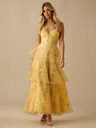 Enchnt Vestido maxi de princesa de organza con estampado floral amarillo sol romántico para muje... | SHEIN