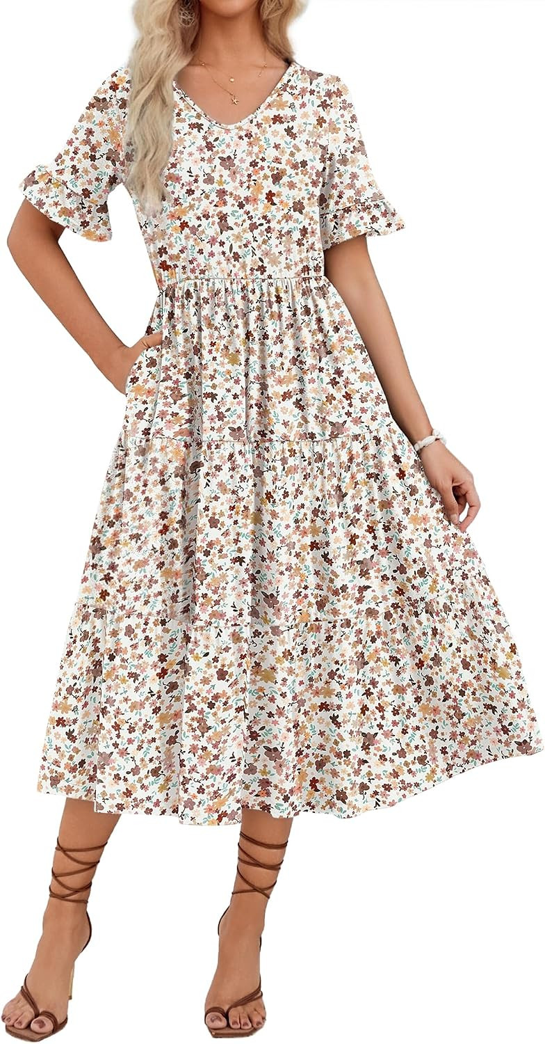ZEAGOO Women's Summer Dresses Midi Tiered Casual Dress Floral V Neck Ruffle Short Sleeve Flowy Beach Dress with Pockets | Amazon (US)