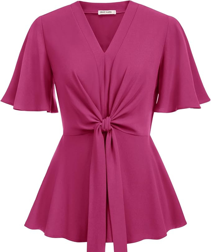 GRACE KARIN 2026 Women's Elegant V Neck Peplum Tops Tie Front Short Bell Sleeve Shirts Tops Blous... | Amazon (US)