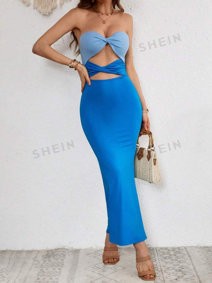 SHEIN VCAY Vacation Knitted Color Contrast Color Stitching Block Twist Detail Bustier Cutout Merm... | SHEIN