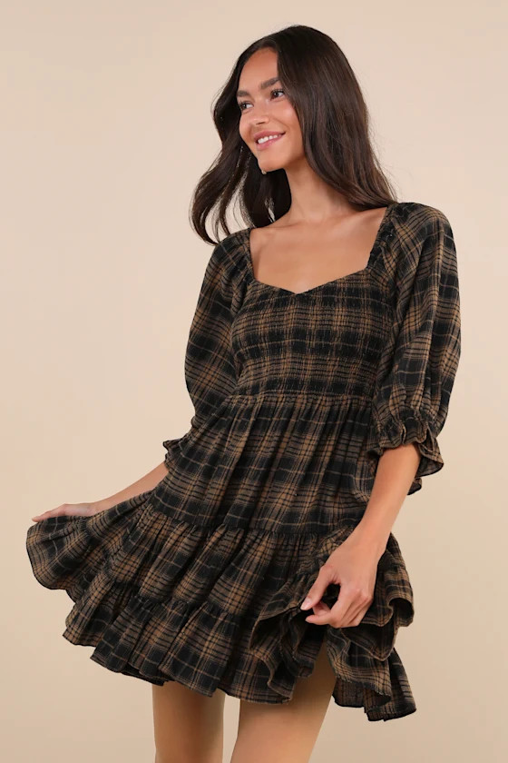 No One Cuter Black and Tan Plaid Puff Sleeve Tiered Mini Dress | Lulus