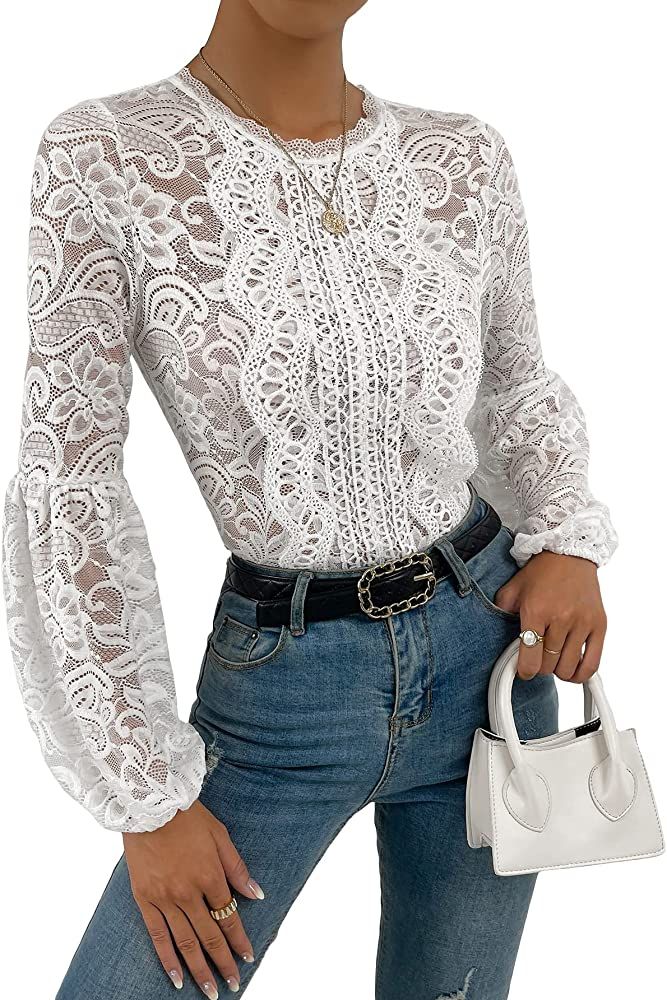 OYOANGLE Women's Floral Lace Long Sleeve Bodysuit Lantern Sleeve Elegant Blouse Tops Shirt | Amazon (US)