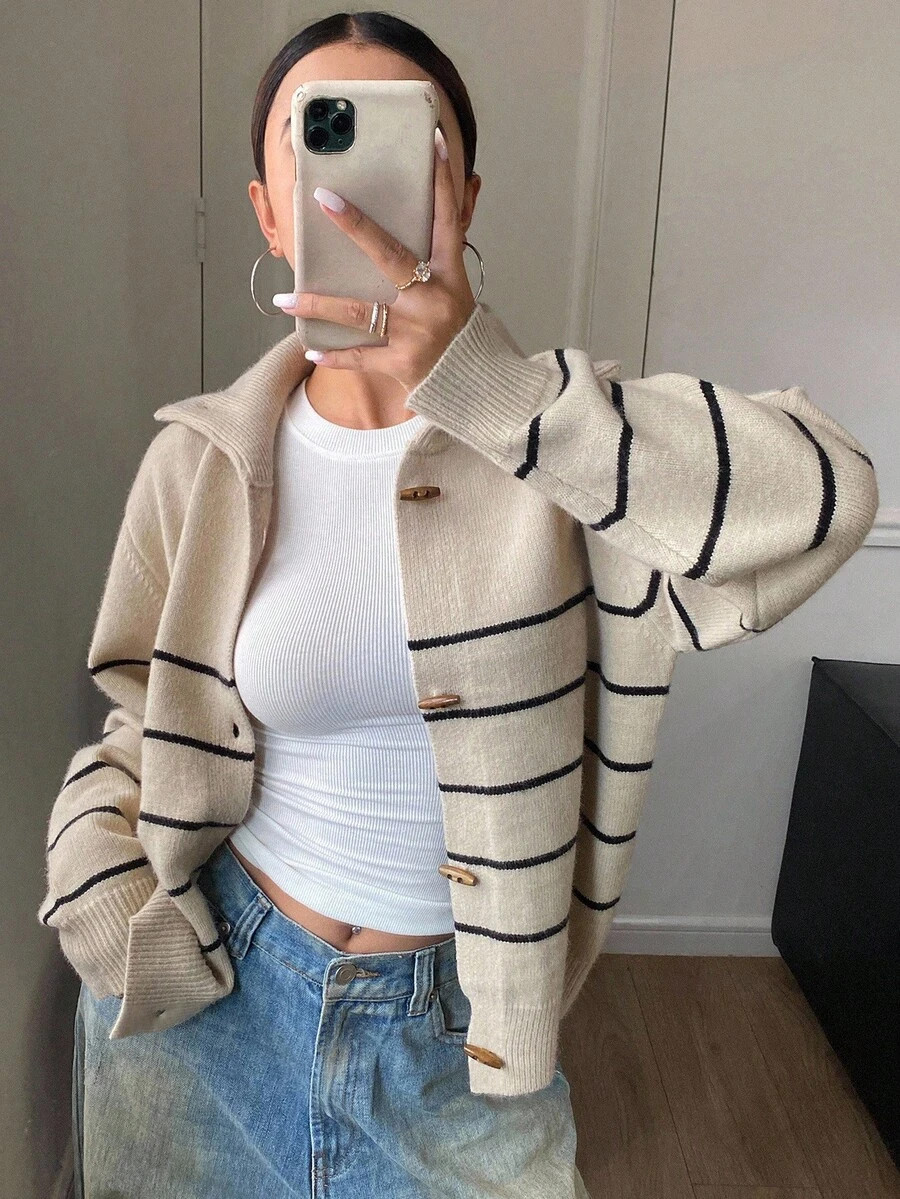 DAZY Contrast Color Striped High Neck Long Sleeve Loose Cardigan With Horn Buttons For Women,Fall... | SHEIN
