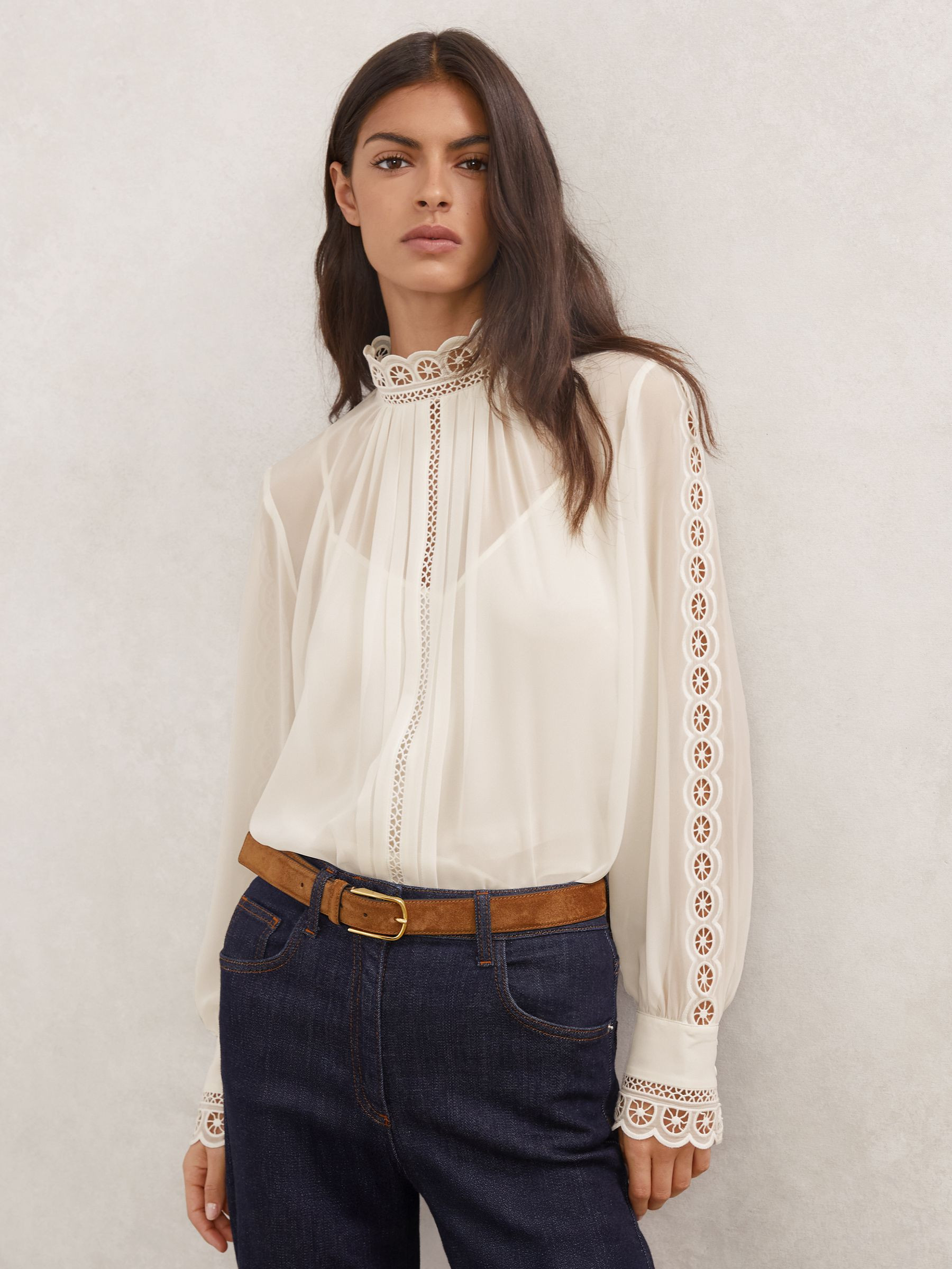 Reiss Lace-Trim Sheer Blouse in Cream - REISS | Reiss UK