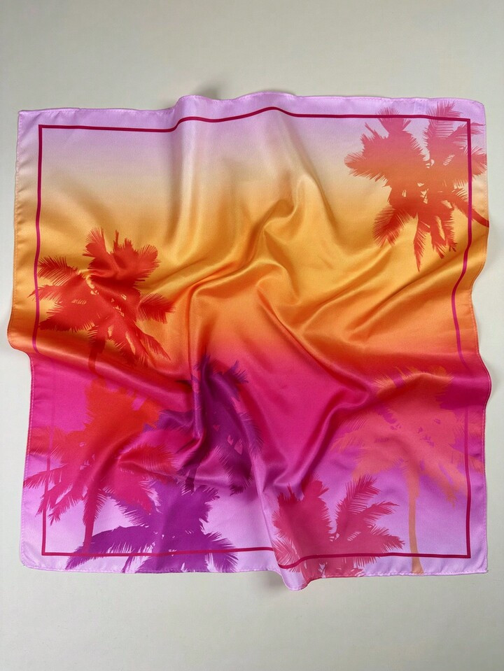 1pc Women's Elegant Satin Sunset Palm Tree Print Scarf, Neckerchief, Headscarf | SHEIN