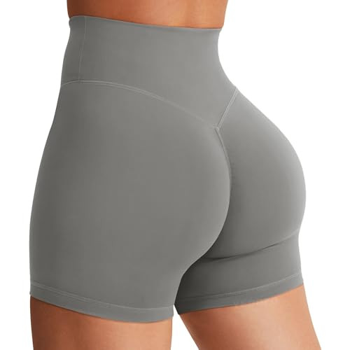 YEOREO Women's Biker Shorts 4.5" / 6" Workout Gym Shorts Craze High Waist Tummy Control Hidden Scrunch Running Yoga Light Grey M | Amazon (US)